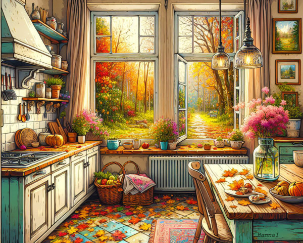 Cozy Kitchen with Pastel Cabinets and Autumn Light