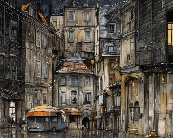 Narrow street with vintage car and aged buildings