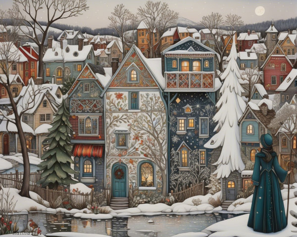 Winter Scene of a Girl by a Frozen Stream