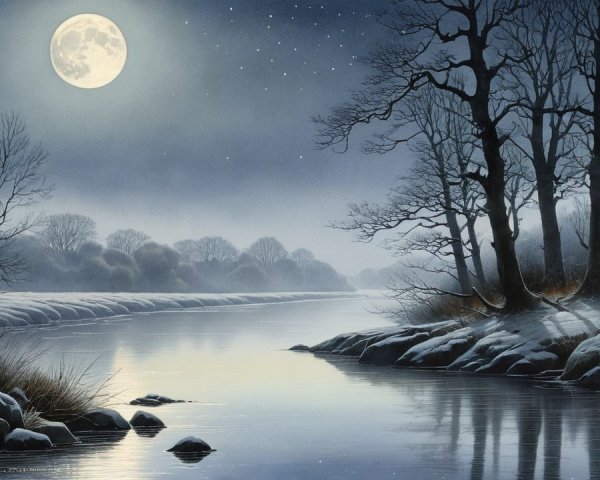 Winter Landscape with Calm River and Starry Sky