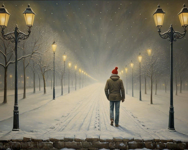 Solitary Figure on a Snowy Path with Street Lamps