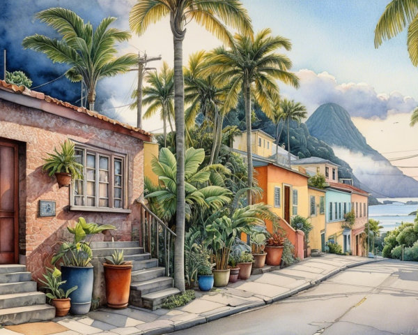 Vibrant Tropical Street Scene with Colorful Houses