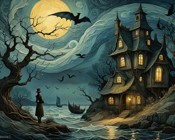 Gothic House Night Scene with Moon and Fishing Figure