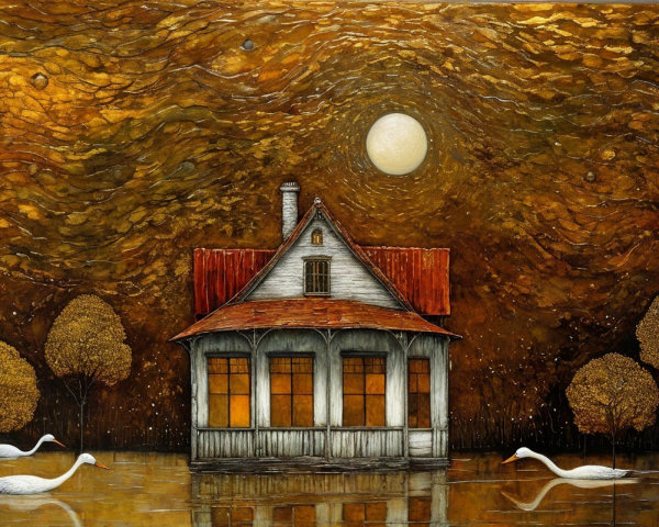Serene landscape with house, swans, and moonlight
