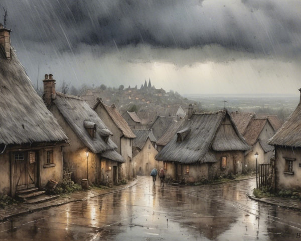 Medieval Village Scene with Cottages and Castle