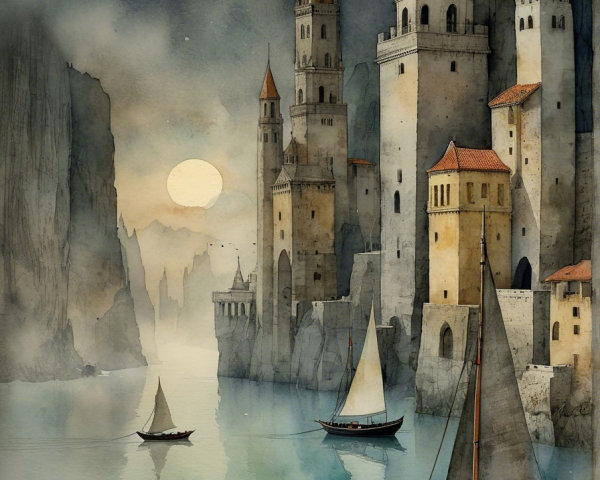 Tranquil Watercolor of Castle by River and Cliffs