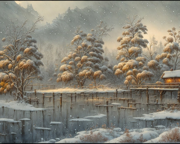 Vibrant Digital Painting of a Snowy Winter Landscape