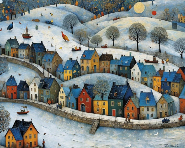 Charming Winter Village Scene with Colorful Houses