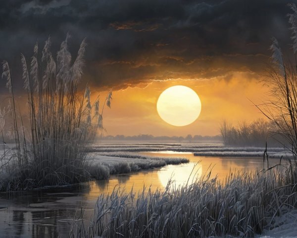 Serene Winter Landscape with Tranquil River at Dusk