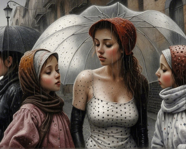 Young Women in Rainy Street Scene with Umbrellas
