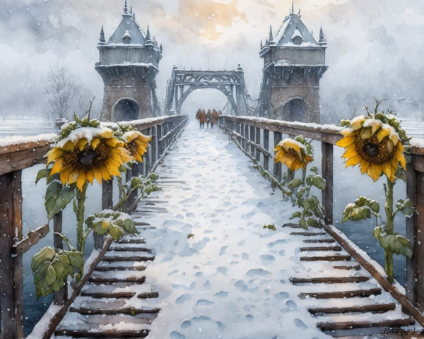 Winter Scene with Bridge, Sunflowers, and Snowfall