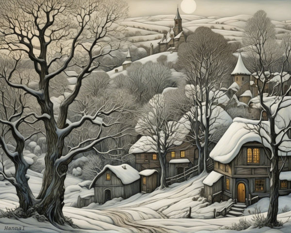 Medieval Village Scene in a Snowy Valley Landscape