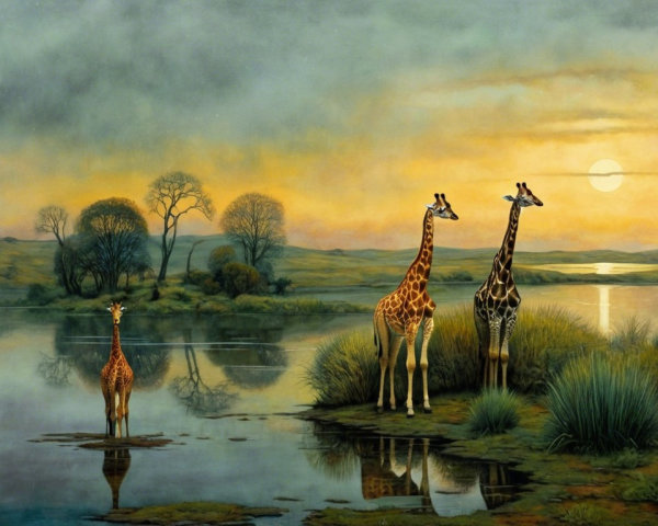 Tranquil Dusk Landscape with Giraffes by Water