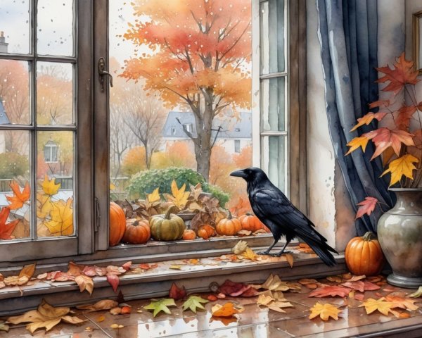 Cozy Interior with Raven and Autumn Scene Outside