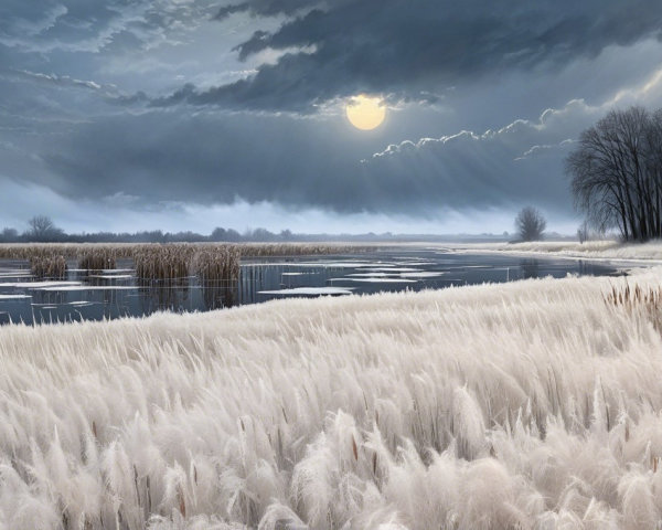 Serene Winter Landscape with Frosted Reeds and River