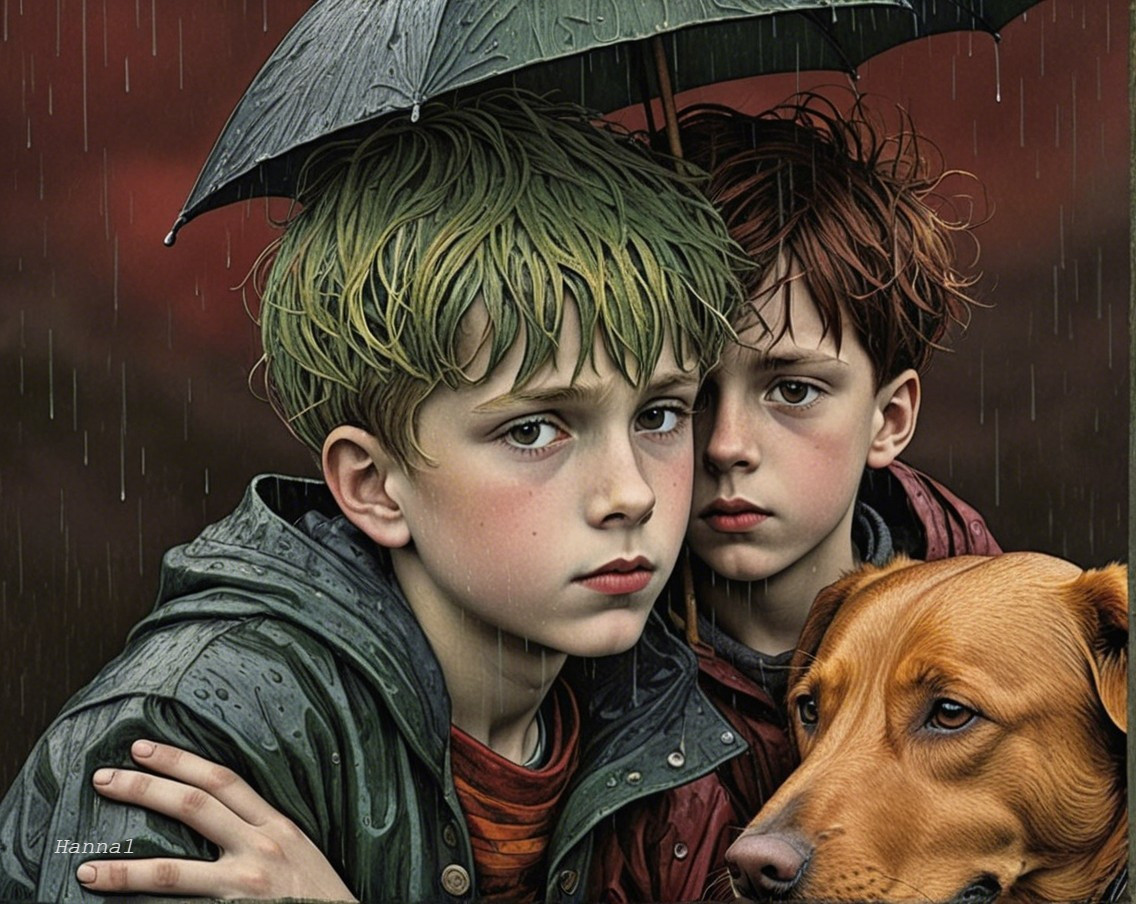 Boys with Colorful Hair Under Umbrella in Rainy Scene