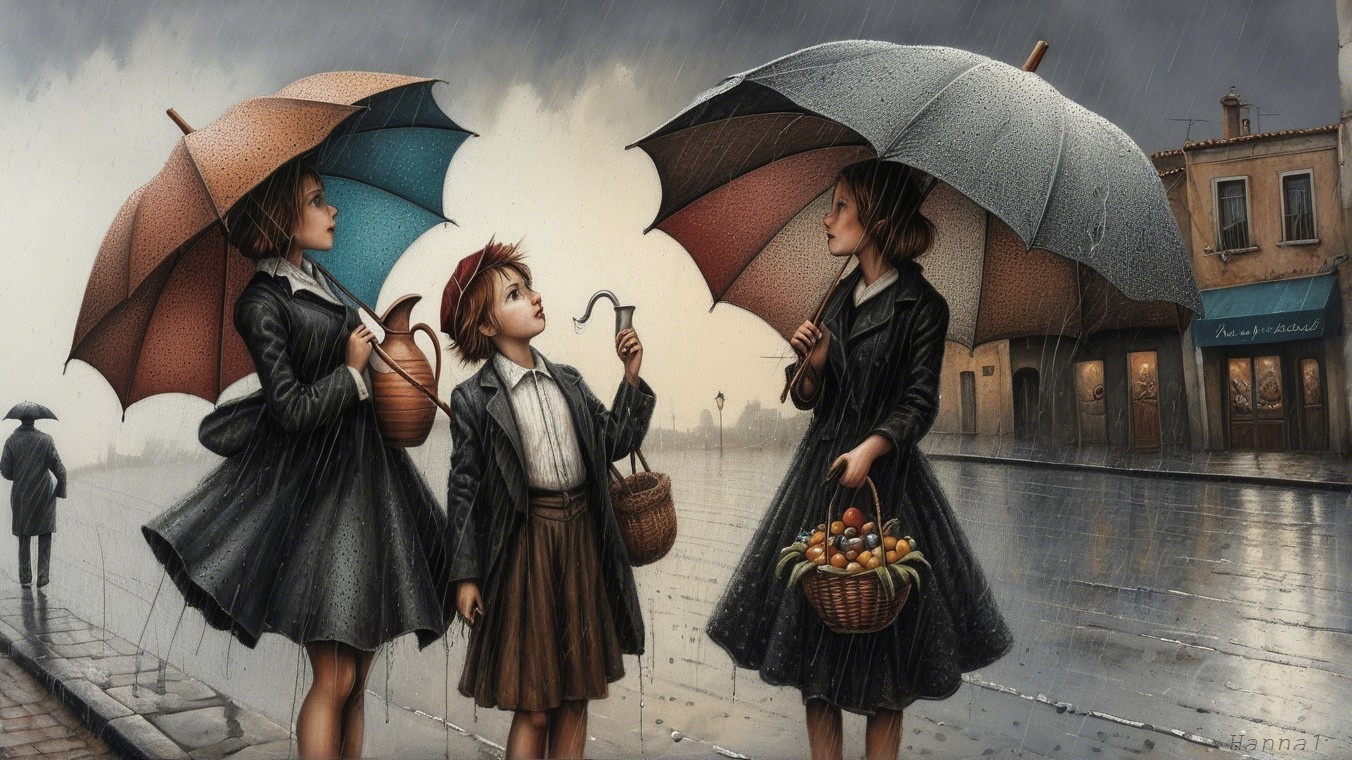 Girls with umbrellas in the rain on a nostalgic street