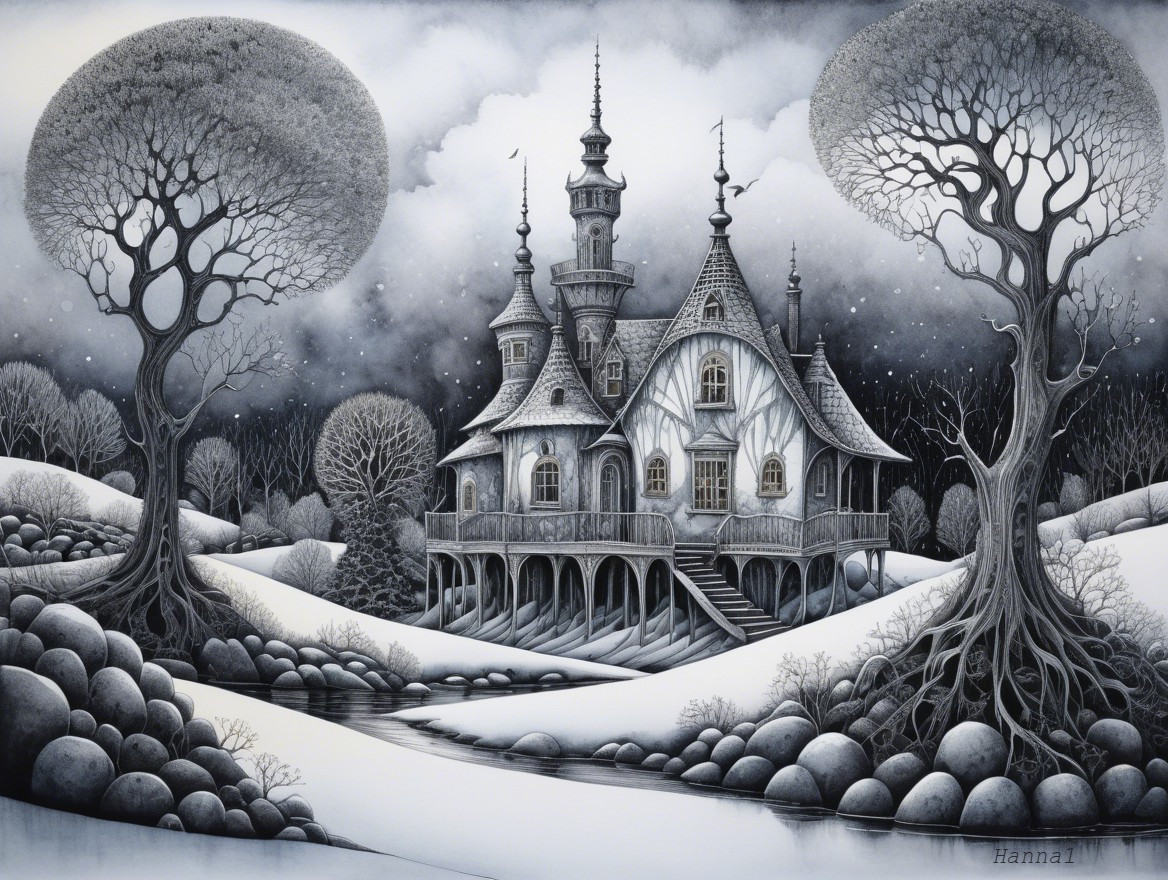 Whimsical Black-and-White Landscape with Mansion and River