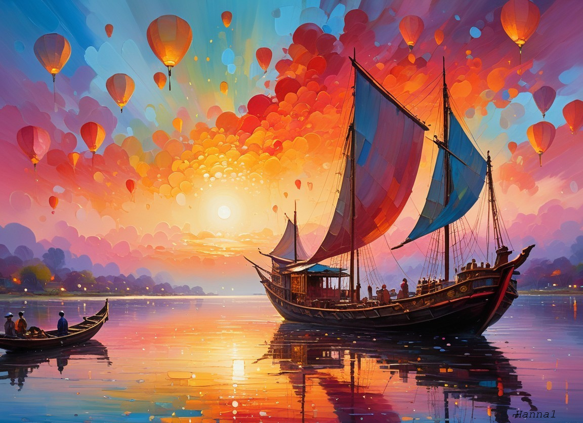 Vibrant Sunset with Hot Air Balloons and Boats