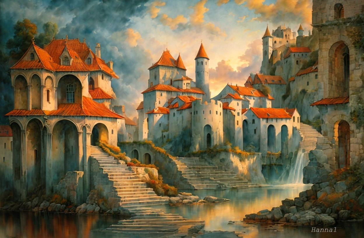 Fantasy Landscape with Medieval Buildings and Water