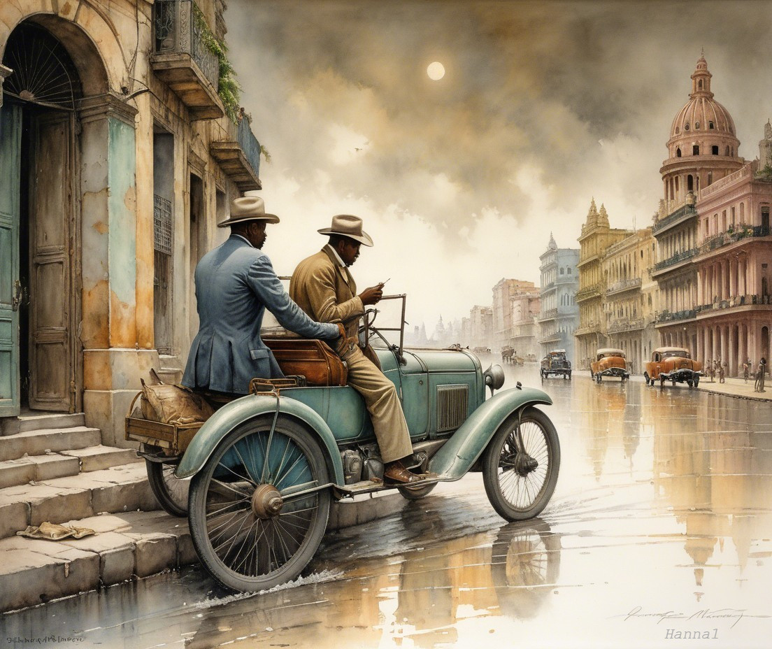 Vintage City Scene with Men and Classic Car