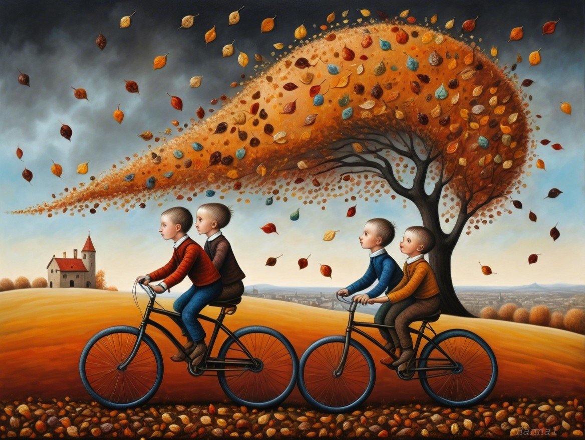 Children Bicycling Through Vibrant Autumn Landscape