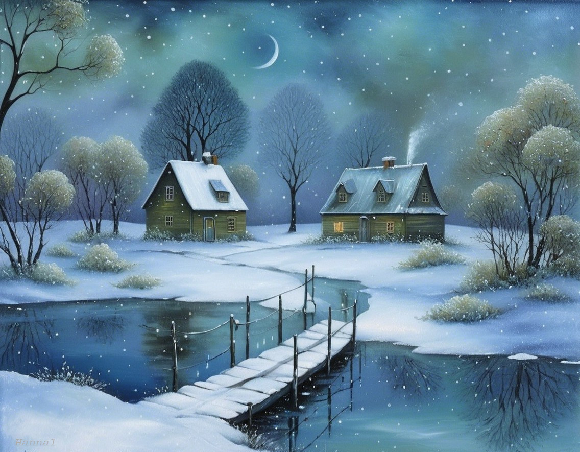 Serene Winter Landscape with Cottages and Snowfall