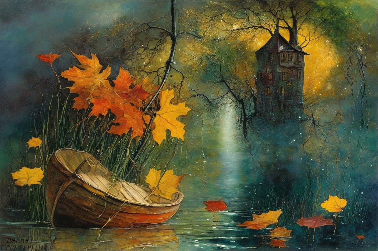 Tranquil Lake Scene with Autumn Leaves and Foggy House