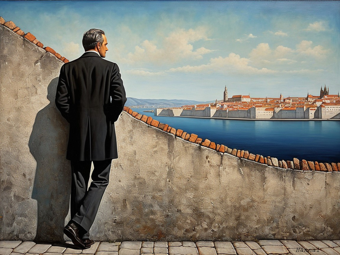Formal Figure Overlooking Tranquil Cityscape and Water