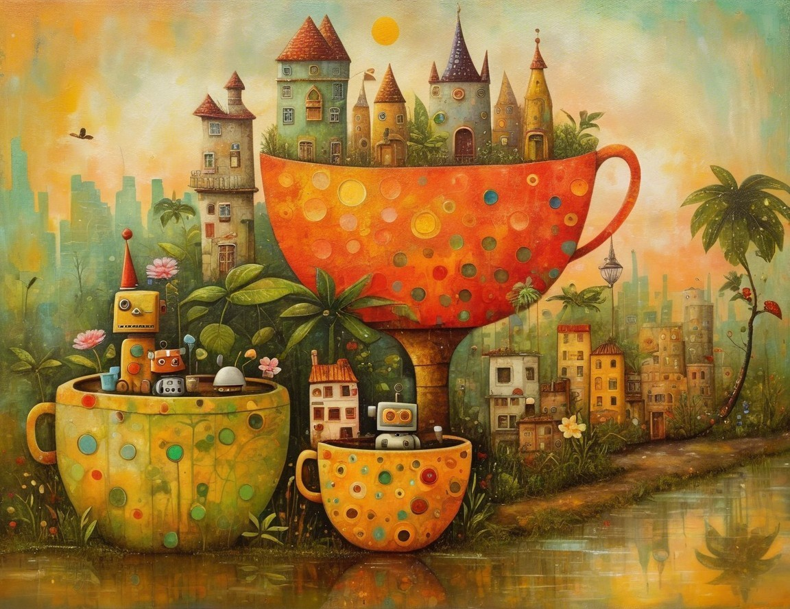 Whimsical Teacups with Robots and Fantasy Landscape