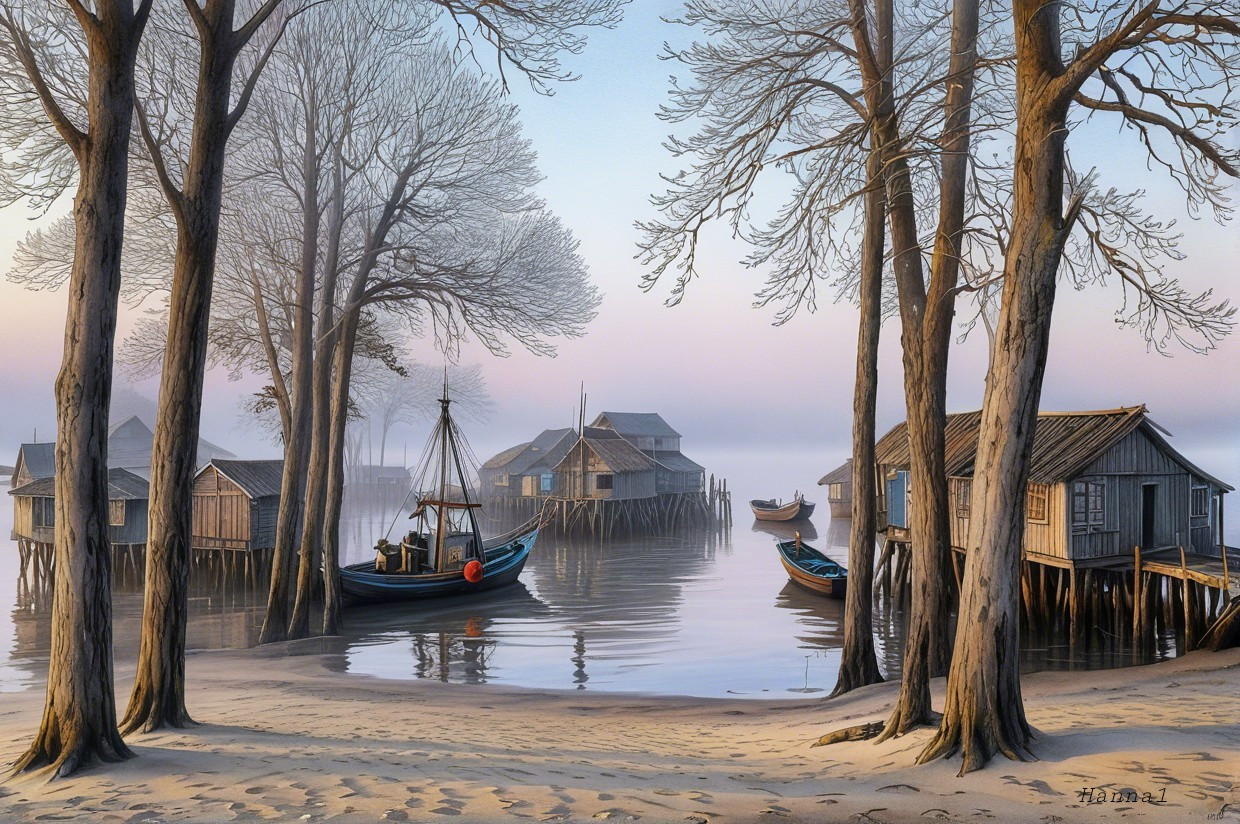 Serene Waterfront Scene with Wooden Houses and Boats