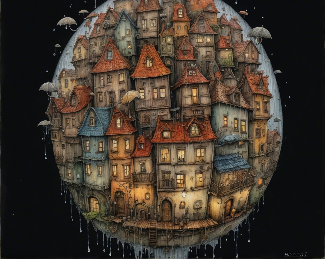 Whimsical Spherical World with Colorful Houses and Umbrellas