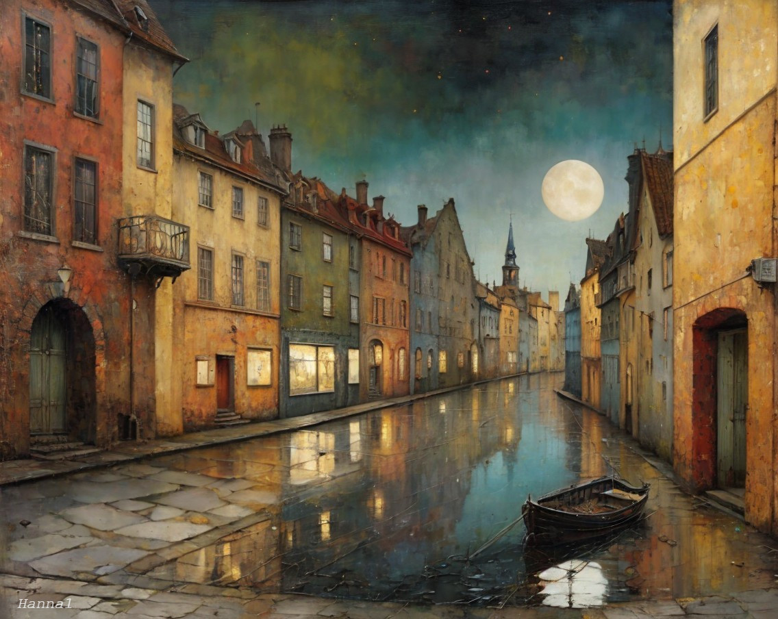Nighttime Scene of Cobblestone Street and Canal