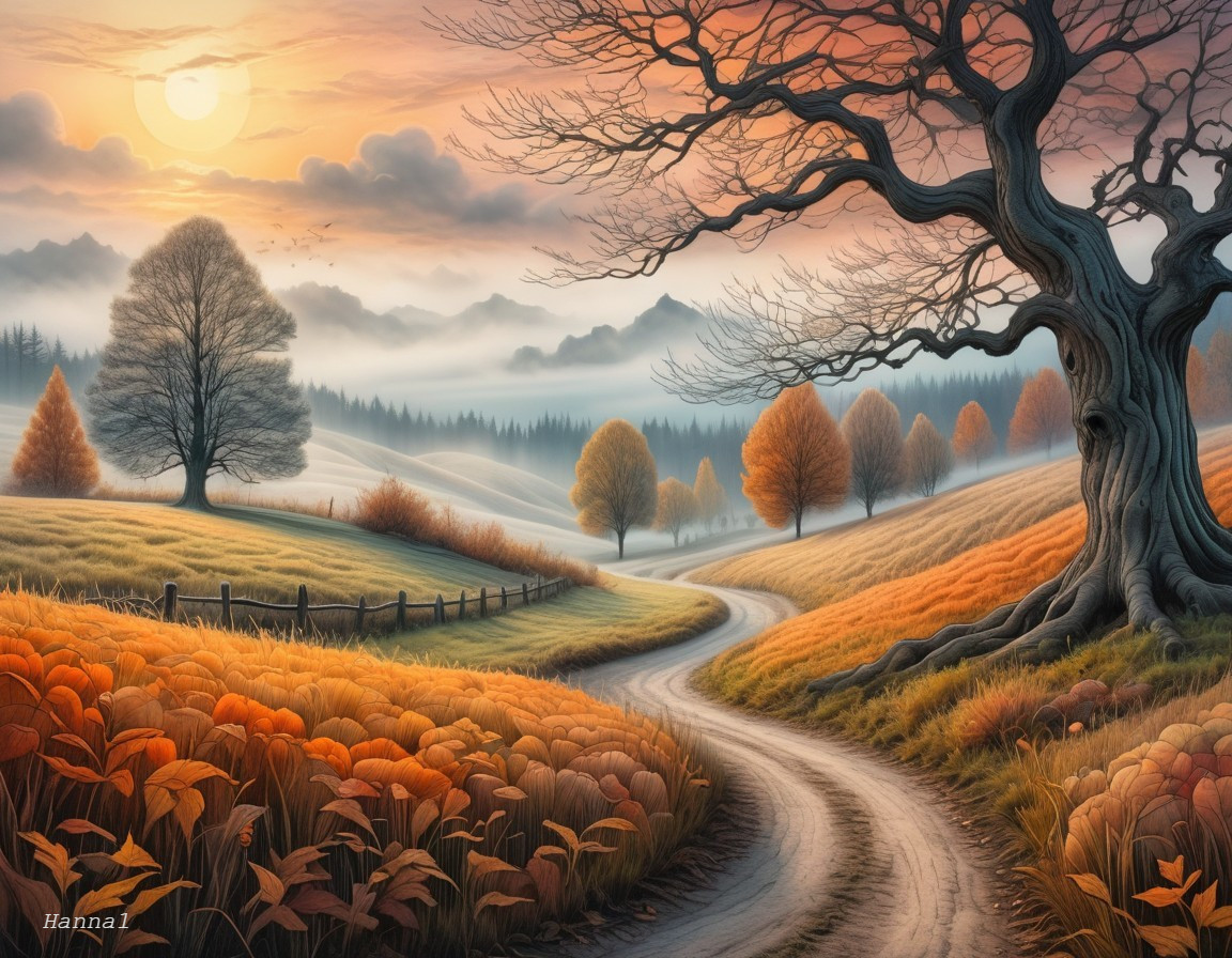 Autumn Landscape with Rolling Hills and Sunset Glow