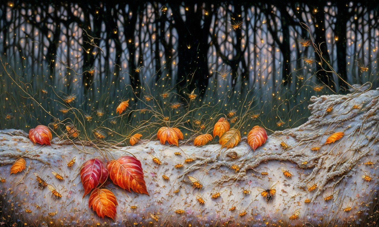 Vibrant Autumn Leaves on a Fallen Log in a Forest