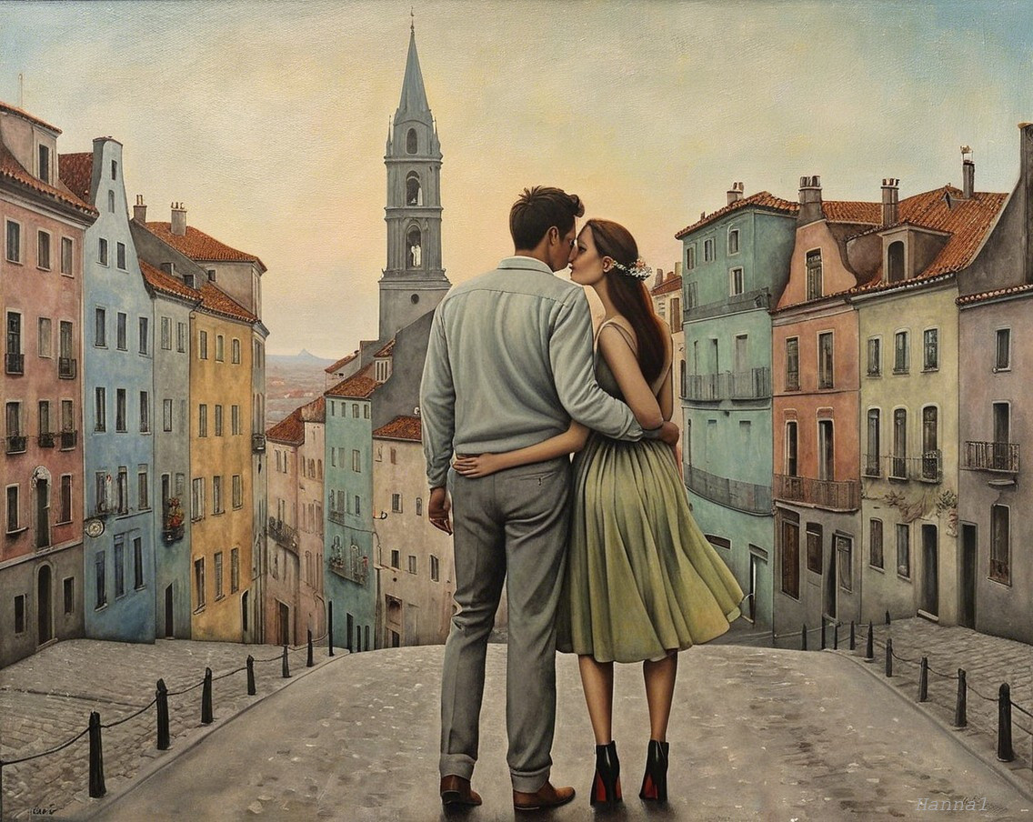 Romantic Couple Embraced on Cobblestone Street