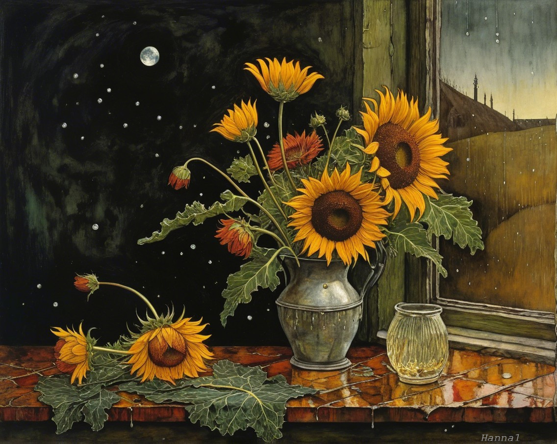 Still Life with Sunflowers and Starry Night View