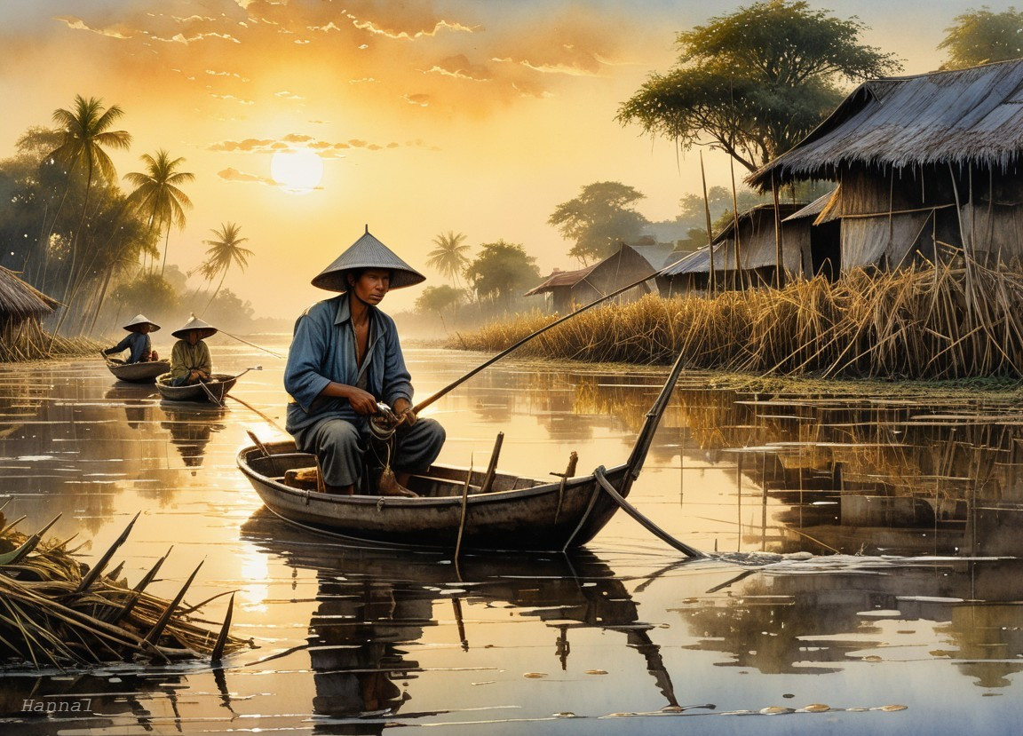 Dusk River Scene with Fisherman and Lush Greenery