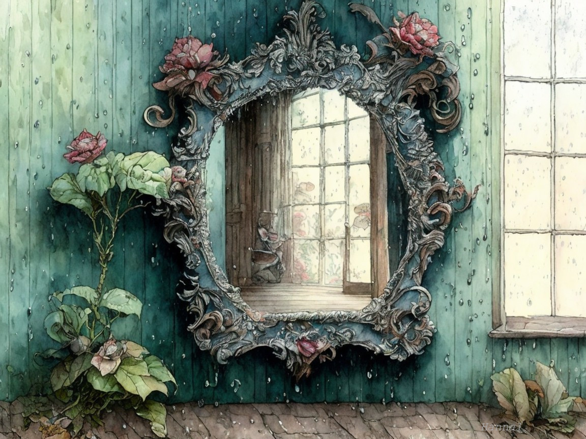 Ornate vintage mirror with floral designs and greenery