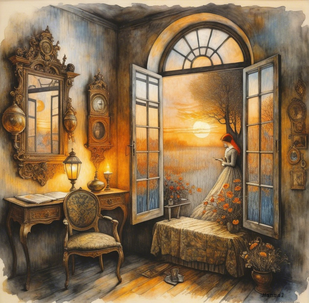 Cozy Vintage Room with Sunset Light and Reading Woman