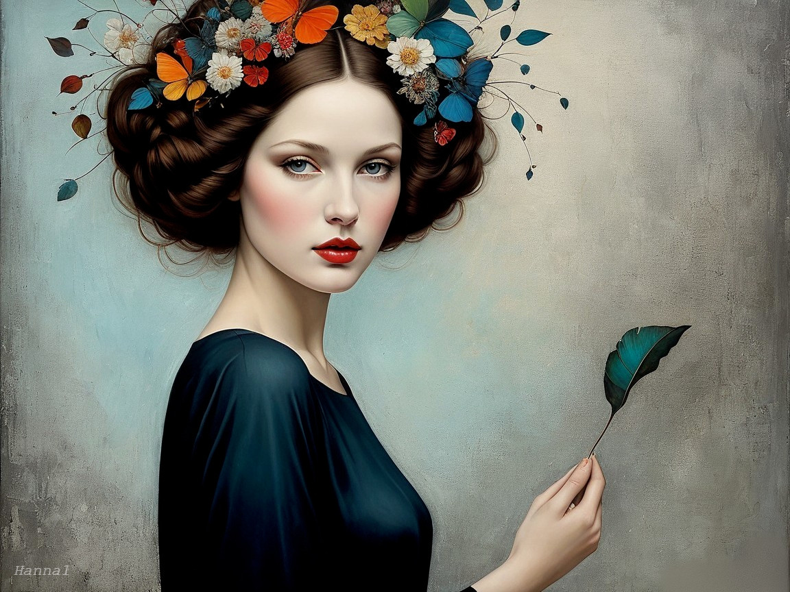 Portrait of a woman with flowers and butterflies in hair