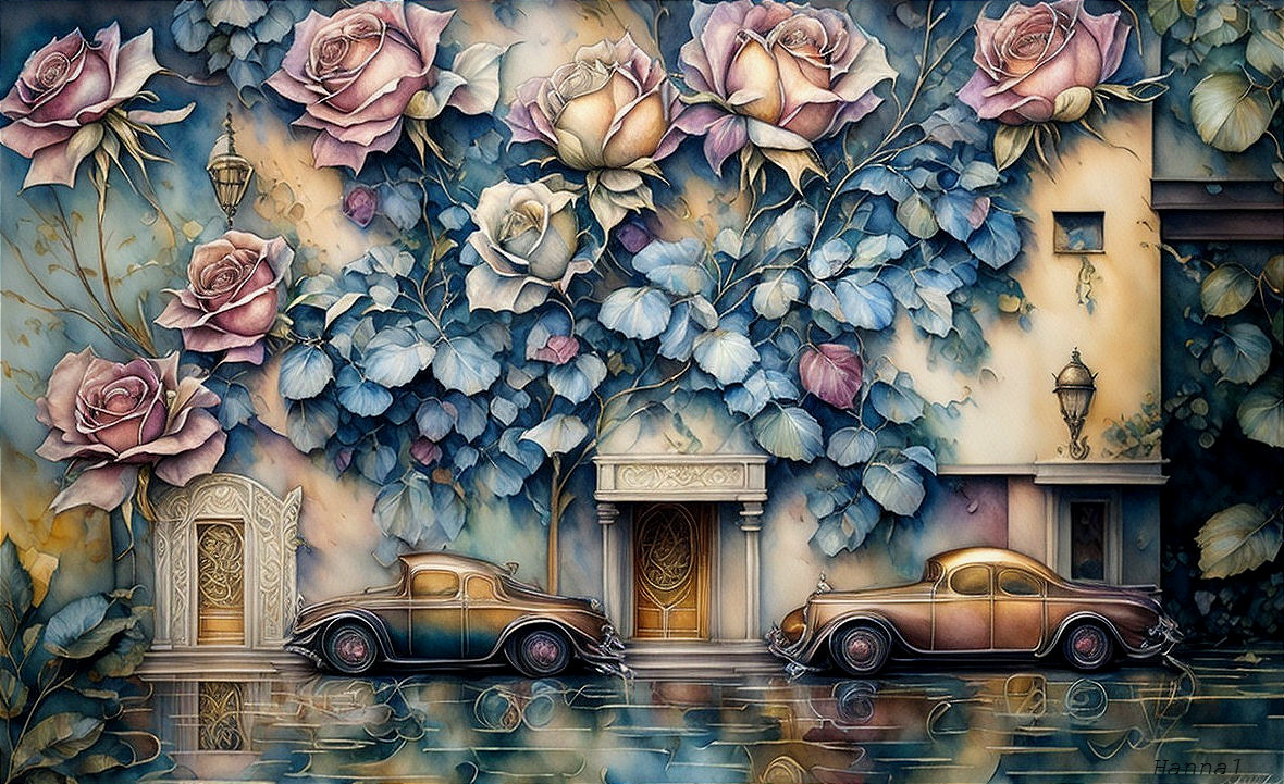 Vintage Cars by Quaint Building Amid Lush Roses