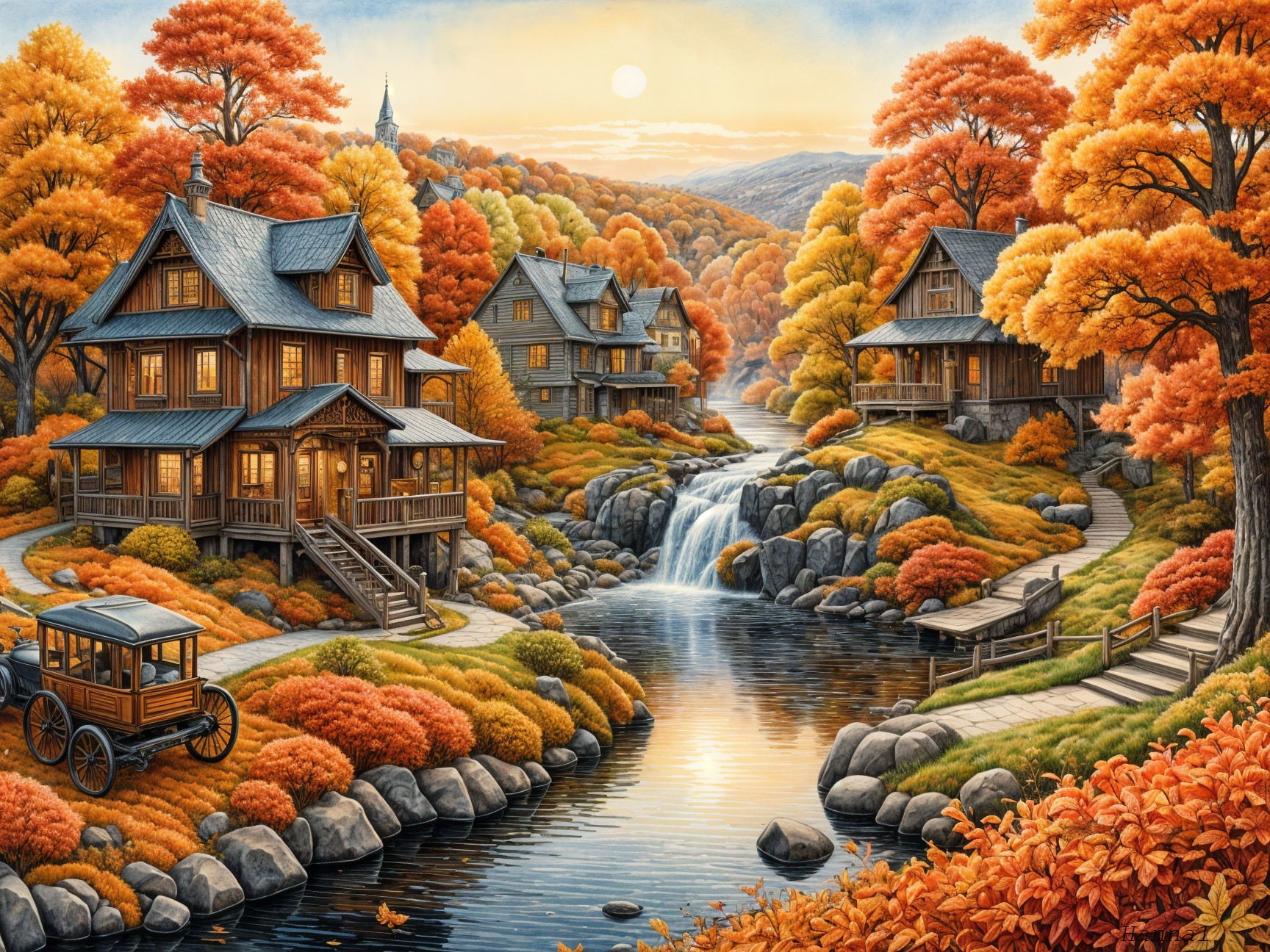 Autumn Landscape with Wooden Houses and Waterfall