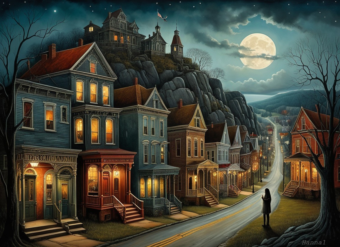 Victorian Houses Under Moonlight in Serene Landscape