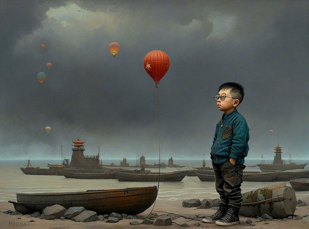 Young Boy Observing Red Lantern Balloon on Shore