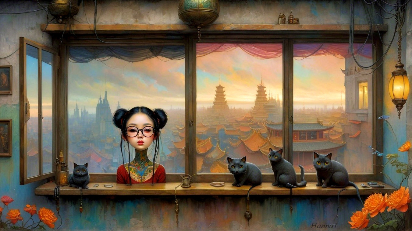 Girl with glasses gazing from a window with cats