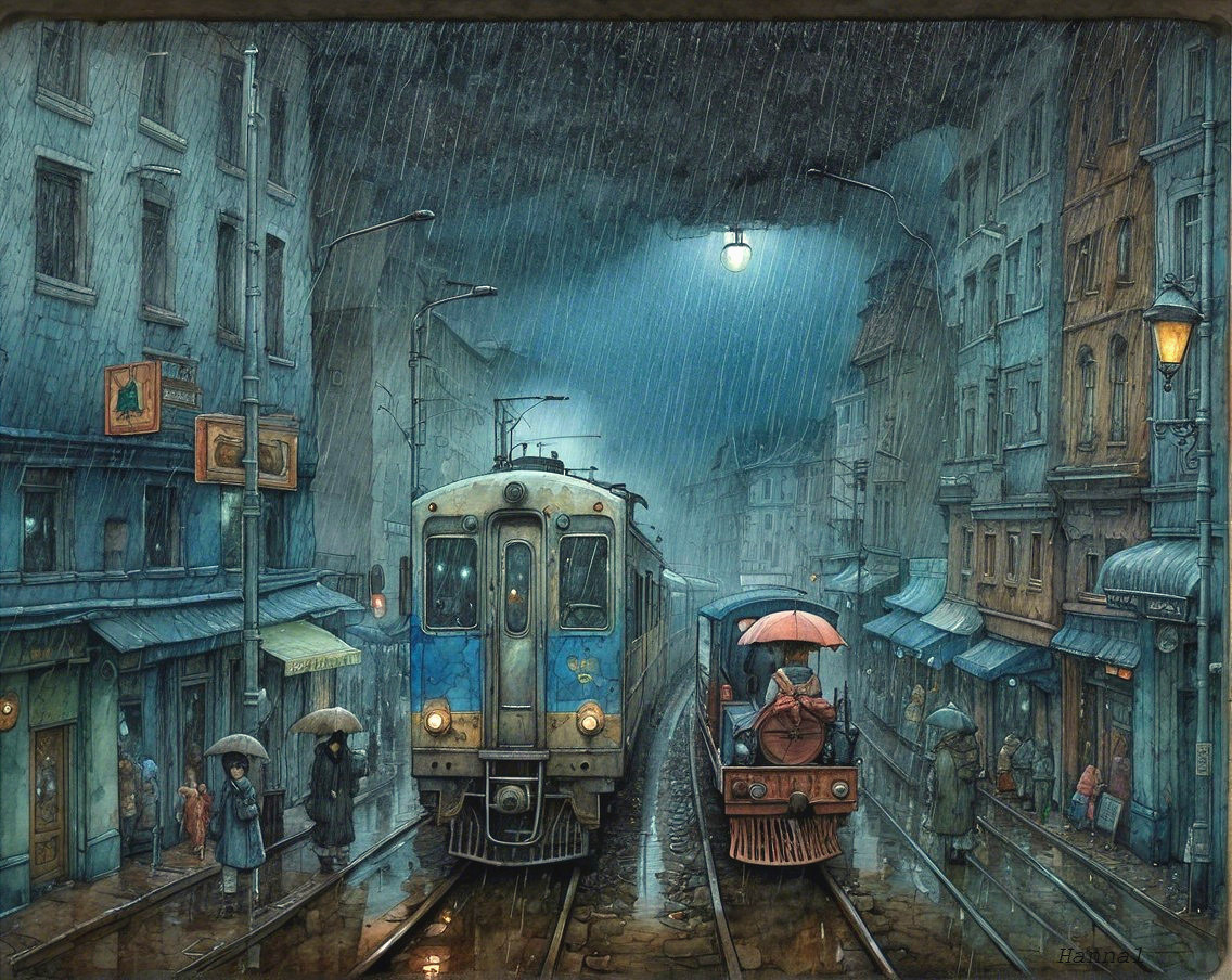 Rainy Urban Train Station Scene with Nostalgic Atmosphere