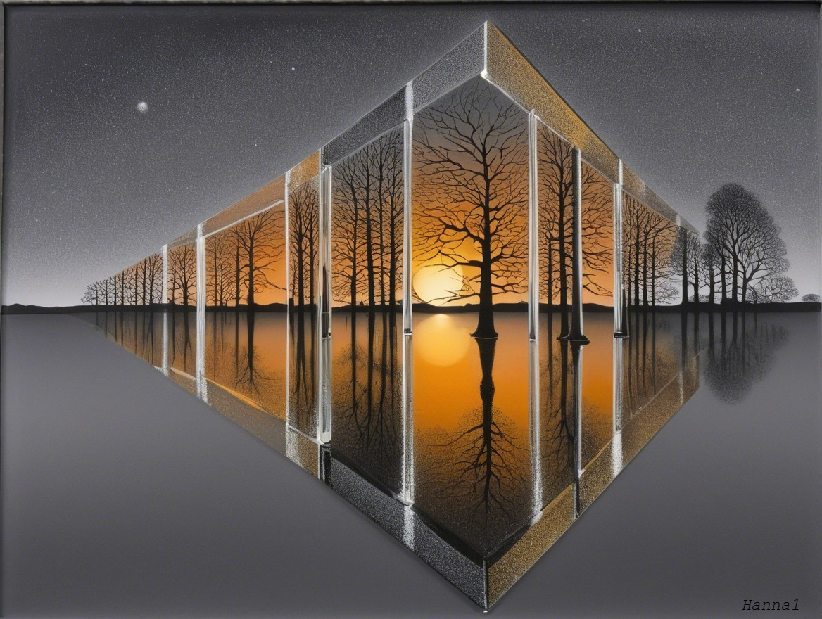 Surreal Landscape with Mirrored Structure and Sunset