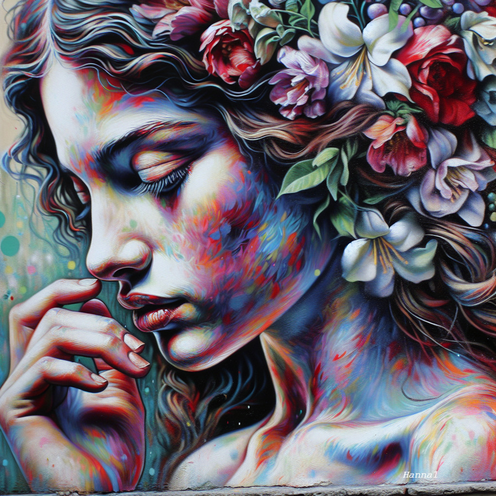 Vibrant Mural of Young Woman with Floral Crown