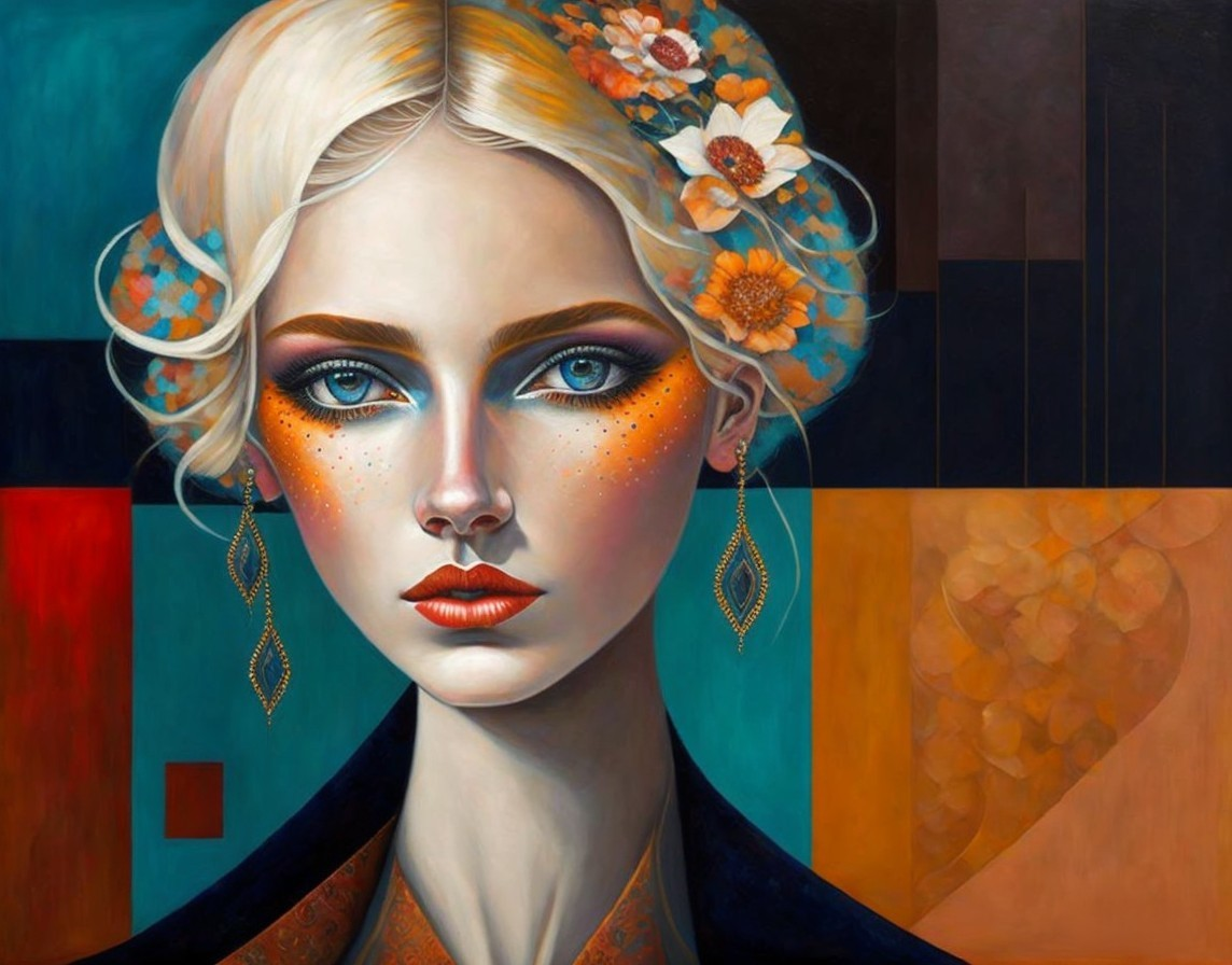 Portrait of a woman with blue eyes and bold makeup